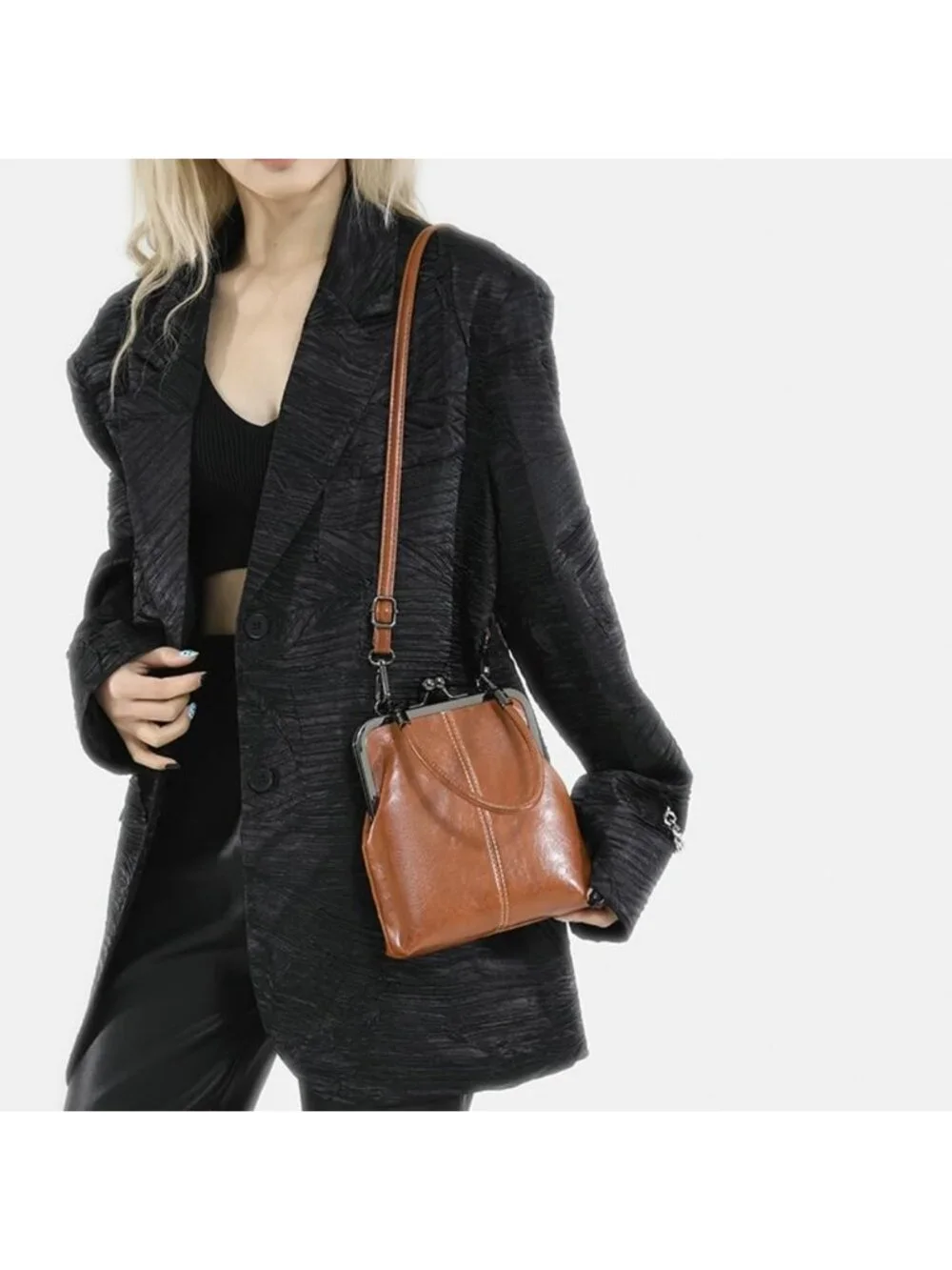 Chic PU Leather Crossbody Bag with Kiss Lock Clasp | Stylish Hobo Tote Purse
